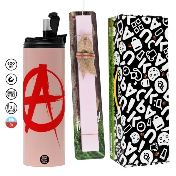 Anarchy, Πασχαλινή Λαμπάδα με  ΡΟΖ Travel Tumbler θερμό (600ml, BPA free) & κερί αρωματικό πλακέ (30cm) (ΡΟΖ)