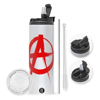 Anarchy, Travel Tumbler θερμό με διπλό καπάκι, μεταλλικό καλαμάκι και βούρτσα καθαρισμού (Ανωξείδωτο 304 Food grade, BPA free, 600ml)