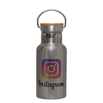 Instagram, Stainless steel metallic thermos flask, silver with a bamboo lid, double-walled, 350ml.