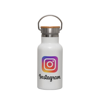 Instagram, Μεταλλικό παγούρι θερμός (Stainless steel) Λευκό με ξύλινο καπακι (bamboo), διπλού τοιχώματος, 350ml