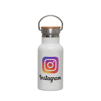 Instagram, Metallic thermos (Stainless steel) White with wooden lid (bamboo), double-walled, 350ml
