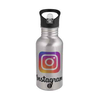 Instagram, Παγούρι νερού Ασημένιο με καλαμάκι, ανοξείδωτο ατσάλι 500ml