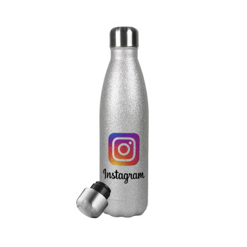 Instagram, Μεταλλικό παγούρι θερμός Glitter Aσημένιο (Stainless steel), διπλού τοιχώματος, 500ml