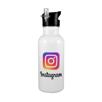 Instagram, Παγούρι νερού Λευκό με καλαμάκι, ανοξείδωτο ατσάλι 600ml