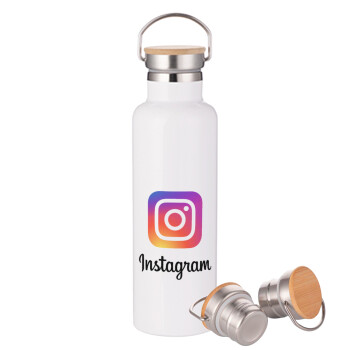 Instagram, Μεταλλικό παγούρι θερμός (Stainless steel) Λευκό με ξύλινο καπακι (bamboo), διπλού τοιχώματος, 750ml