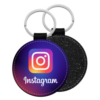 Instagram, Μπρελόκ Δερματίνη, στρογγυλό ΜΑΥΡΟ (5cm)