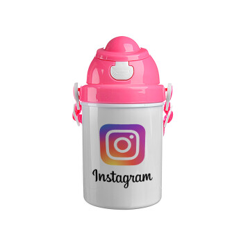 Instagram, Ροζ παιδικό παγούρι πλαστικό (BPA-FREE) με καπάκι ασφαλείας, κορδόνι και καλαμάκι, 400ml