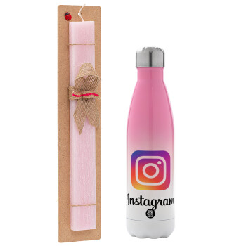 Instagram, Easter Set, Metallic pink/white (Stainless steel) thermos, double-walled, 500ml & aromatic flat Easter candle (30cm) (PINK)