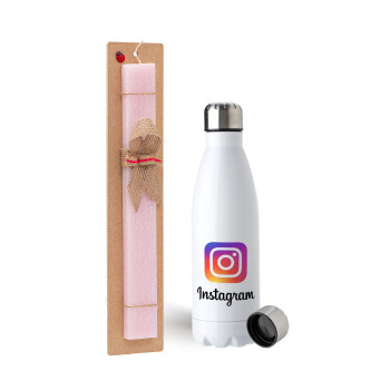 Instagram, Easter Set, metallic stainless steel water bottle (750ml) & scented flat Easter candle (30cm) (PINK)
