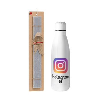 Instagram, Easter Set, metallic stainless thermos bottle (500ml) & scented flat Easter candle (30cm) (GRAY)