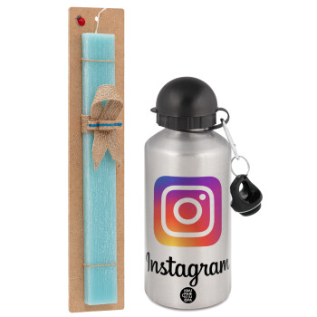 Instagram, Πασχαλινό Σετ, παγούρι μεταλλικό Ασημένιο αλουμινίου (500ml) & πασχαλινή λαμπάδα αρωματική πλακέ (30cm) (ΤΙΡΚΟΥΑΖ)