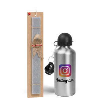 Instagram, Πασχαλινό Σετ, παγούρι μεταλλικό Ασημένιο αλουμινίου (500ml) & πασχαλινή λαμπάδα αρωματική πλακέ (30cm) (ΓΚΡΙ)