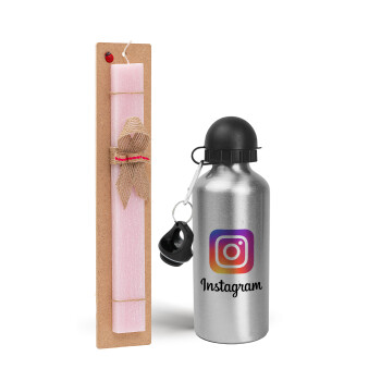 Instagram, Πασχαλινό Σετ, παγούρι μεταλλικό Ασημένιο αλουμινίου (500ml) & πασχαλινή λαμπάδα αρωματική πλακέ (30cm) (ΡΟΖ)