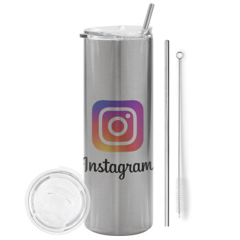 Instagram, Tumbler stainless steel Silver 600ml, with metal straw & cleaning brush