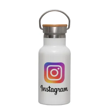 Instagram, Metallic thermos (Stainless steel) White with wooden lid (bamboo), double-walled, 350ml