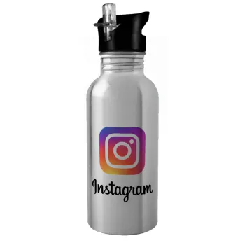 Instagram, Παγούρι νερού Ασημένιο με καλαμάκι, ανοξείδωτο ατσάλι 600ml