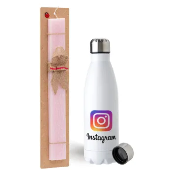 Instagram, Πασχαλινή Λαμπάδα με μεταλλικό παγούρι ανοξείδωτο (750ml) & κερί αρωματικό πλακέ (30cm) (ΡΟΖ)