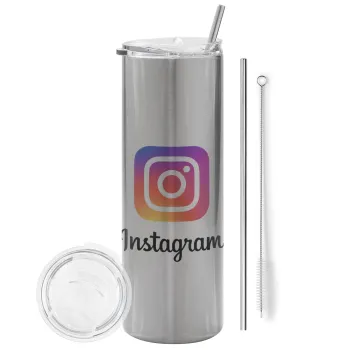 Instagram, Tumbler ποτήρι θερμό Ασημένιο από ανοξείδωτο ατσάλι 600ml, με μεταλλικό καλαμάκι & βούρτσα καθαρισμού