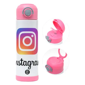 Instagram, Παιδικό παγούρι θερμό, ανοξείδωτο, με καλαμάκι ασφαλείας, ΡΟΖ (500ml)