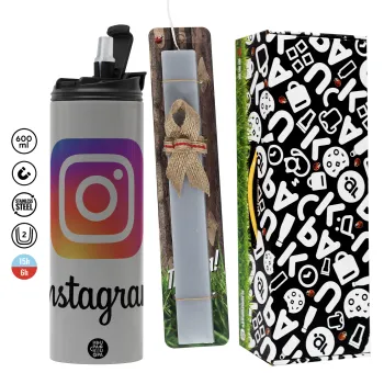 Instagram, Πασχαλινή Λαμπάδα με Travel Tumbler θερμό (600ml, BPA free) & κερί αρωματικό πλακέ (30cm) (ΓΚΡΙ)