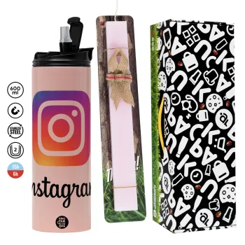 Instagram, Πασχαλινή Λαμπάδα με  ΡΟΖ Travel Tumbler θερμό (600ml, BPA free) & κερί αρωματικό πλακέ (30cm) (ΡΟΖ)