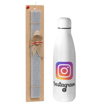 Instagram, Easter Set, metallic stainless thermos bottle (500ml) & scented flat Easter candle (30cm) (GRAY)