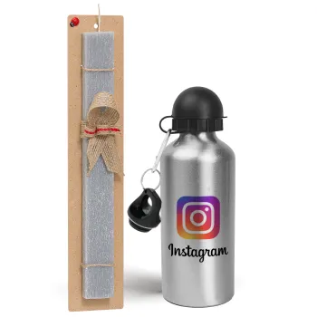 Instagram, Easter Set, metallic silver aluminum water bottle (500ml) & aromatic flat Easter candle (30cm) (GRAY)