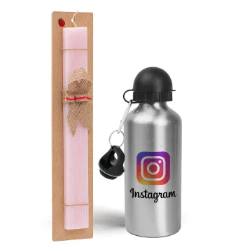 Instagram, Πασχαλινή Λαμπάδα με παγούρι μεταλλικό Ασημένιο αλουμινίου (500ml) & κερί αρωματικό πλακέ (30cm) (ΡΟΖ)