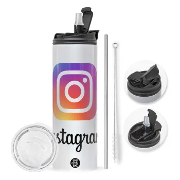 Instagram, Travel Tumbler θερμό με διπλό καπάκι, μεταλλικό καλαμάκι και βούρτσα καθαρισμού (Ανωξείδωτο 304 Food grade, BPA free, 600ml)