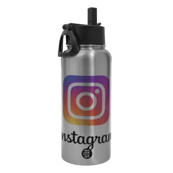 Instagram, Μεταλλικό παγούρι θερμός Silver με καλαμάκι και χερούλι (Stainless steel), διπλού τοιχώματος, 950ml