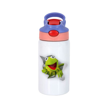 Kermit the frog, Children's hot water bottle, stainless steel, with safety straw, pink/purple (350ml)