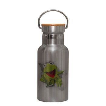Kermit the frog, Μεταλλικό παγούρι θερμός (Stainless steel) Ασημένιο με ξύλινο καπακι (bamboo), διπλού τοιχώματος, 350ml