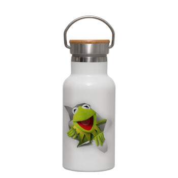Kermit the frog, Μεταλλικό παγούρι θερμός (Stainless steel) Λευκό με ξύλινο καπακι (bamboo), διπλού τοιχώματος, 350ml