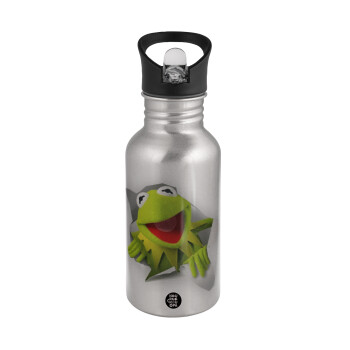 Kermit the frog, Water bottle Silver with straw, stainless steel 500ml
