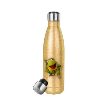 Kermit the frog, Μεταλλικό παγούρι θερμός Glitter χρυσό (Stainless steel), διπλού τοιχώματος, 500ml