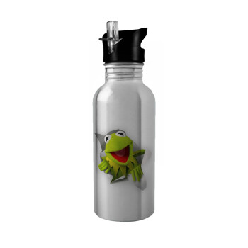 Kermit the frog, Water bottle Silver with straw, stainless steel 600ml