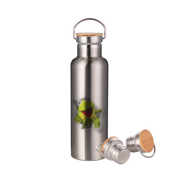 Kermit the frog, Μεταλλικό παγούρι θερμός (Stainless steel) Ασημένιο με ξύλινο καπακι (bamboo), διπλού τοιχώματος, 750ml