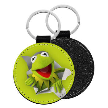 Kermit the frog, Μπρελόκ Δερματίνη, στρογγυλό ΜΑΥΡΟ (5cm)