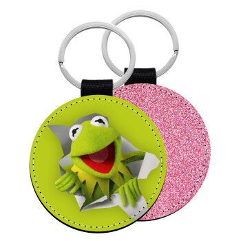 Kermit the frog, Μπρελόκ Δερματίνη, στρογγυλό ΡΟΖ (5cm)