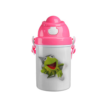Kermit the frog, Ροζ παιδικό παγούρι πλαστικό (BPA-FREE) με καπάκι ασφαλείας, κορδόνι και καλαμάκι, 400ml