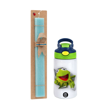 Kermit the frog, Easter Set, Children's thermal stainless steel bottle with safety straw, green/blue (350ml) & aromatic flat Easter candle (30cm) (TURQUOISE)