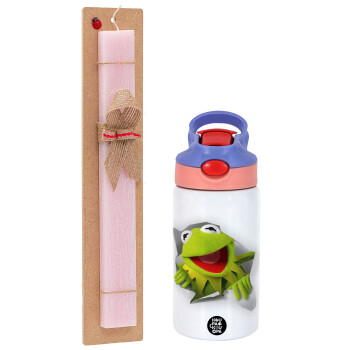 Kermit the frog, Πασχαλινό Σετ, Παιδικό παγούρι θερμό, ανοξείδωτο, με καλαμάκι ασφαλείας, ροζ/μωβ (350ml) & πασχαλινή λαμπάδα αρωματική πλακέ (30cm) (ΡΟΖ)