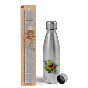 Kermit the frog, Easter Set, metallic Inox water bottle (750ml) & aromatic flat Easter candle (30cm) (GRAY)