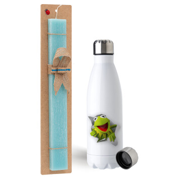 Kermit the frog, Easter Set, metallic stainless steel water bottle (750ml) & aromatic flat Easter candle (30cm) (TURQUOISE)