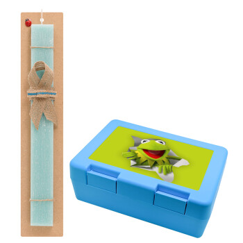 Kermit the frog, Πασχαλινό Σετ, παιδικό δοχείο κολατσιού ΓΑΛΑΖΙΟ & πασχαλινή λαμπάδα αρωματική πλακέ (30cm) (ΤΙΡΚΟΥΑΖ)