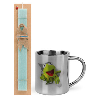 Kermit the frog, Easter Set, metallic thermal cup (300ml) & aromatic flat Easter candle (30cm) (TURQUOISE)