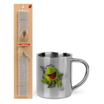 Kermit the frog, Πασχαλινό Σετ, μεταλλική κούπα θερμό (300ml) & πασχαλινή λαμπάδα αρωματική πλακέ (30cm) (ΓΚΡΙ)