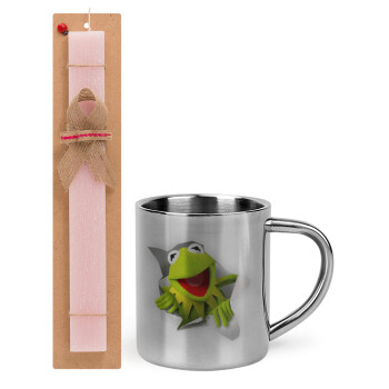 Kermit the frog, Πασχαλινό Σετ, μεταλλική κούπα θερμό (300ml) & πασχαλινή λαμπάδα αρωματική πλακέ (30cm) (ΡΟΖ)