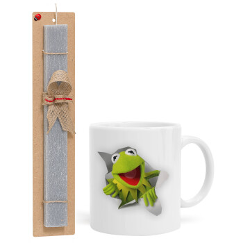 Kermit the frog, Easter Set, Ceramic Cup (330ml) & Easter aromatic flat candle (30cm) (GRAY)