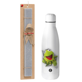 Kermit the frog, Easter Set, metallic stainless thermos bottle (500ml) & scented flat Easter candle (30cm) (GRAY)
